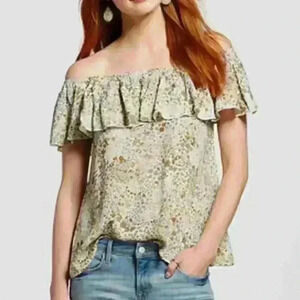 Mossimo XS Off Shoulder Top Boho Ruffle Floral Print Olive Green NEW WTH TAG